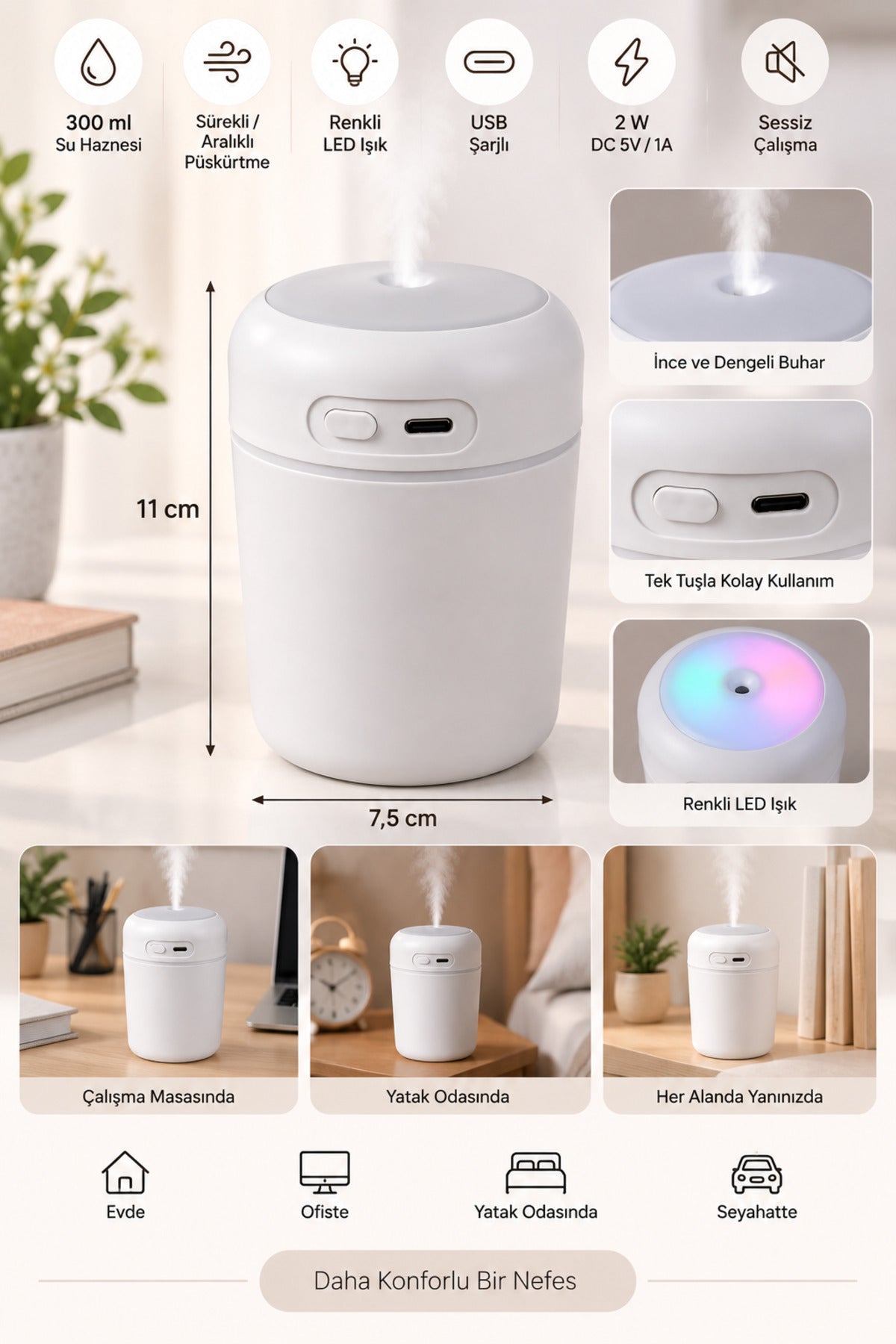 Hava Nemlendirici 300 ml, USB Şarjlı, LED Işıklı, 7,5 x 11 cm