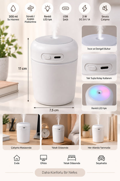 Hava Nemlendirici 300 ml, USB Şarjlı, LED Işıklı, 7,5 x 11 cm