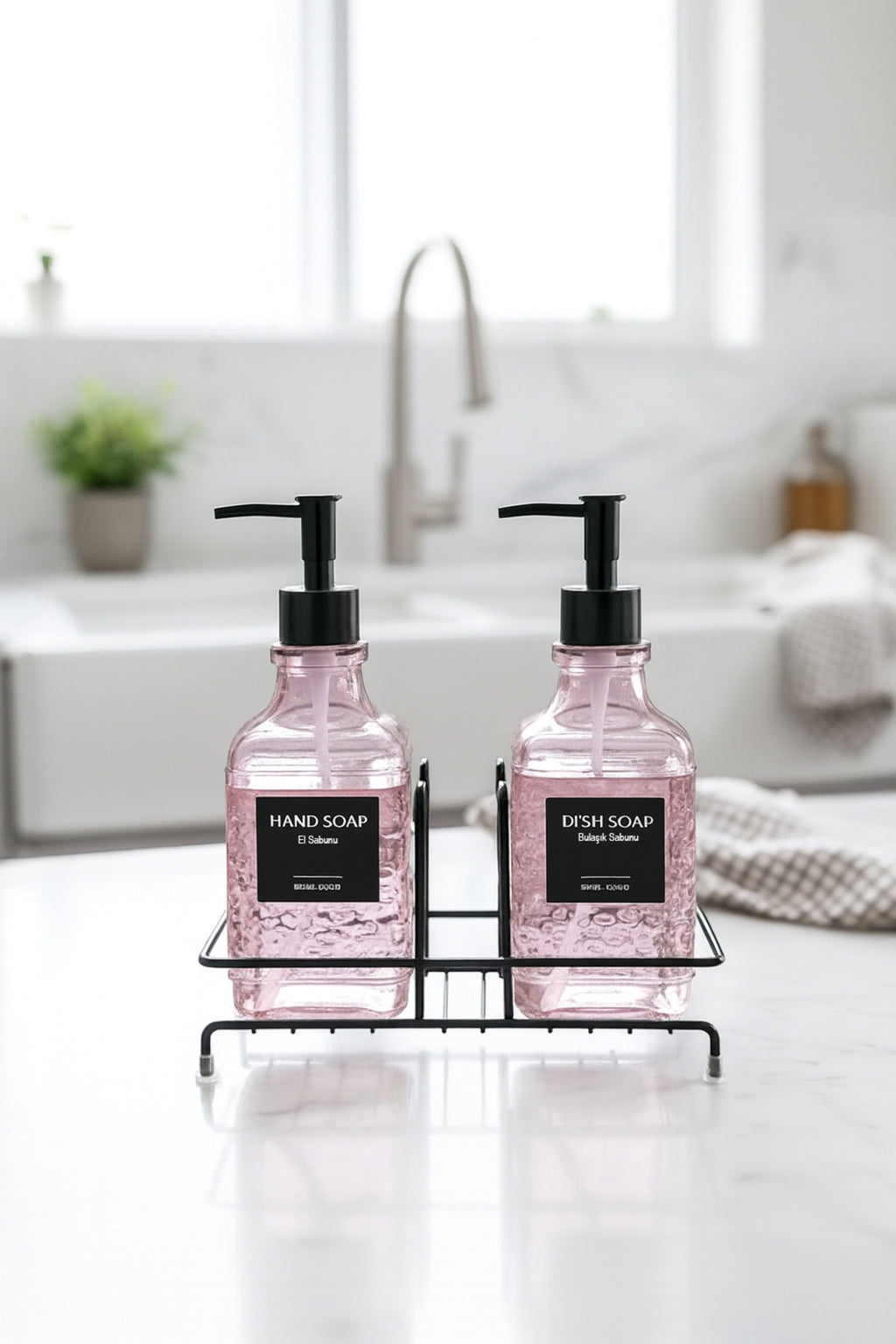 Modern Cam Ikili Sıvı Sabunluk & Deterjanlık Seti- 500 Ml Cam Sabunluk, Metal Stand'lı