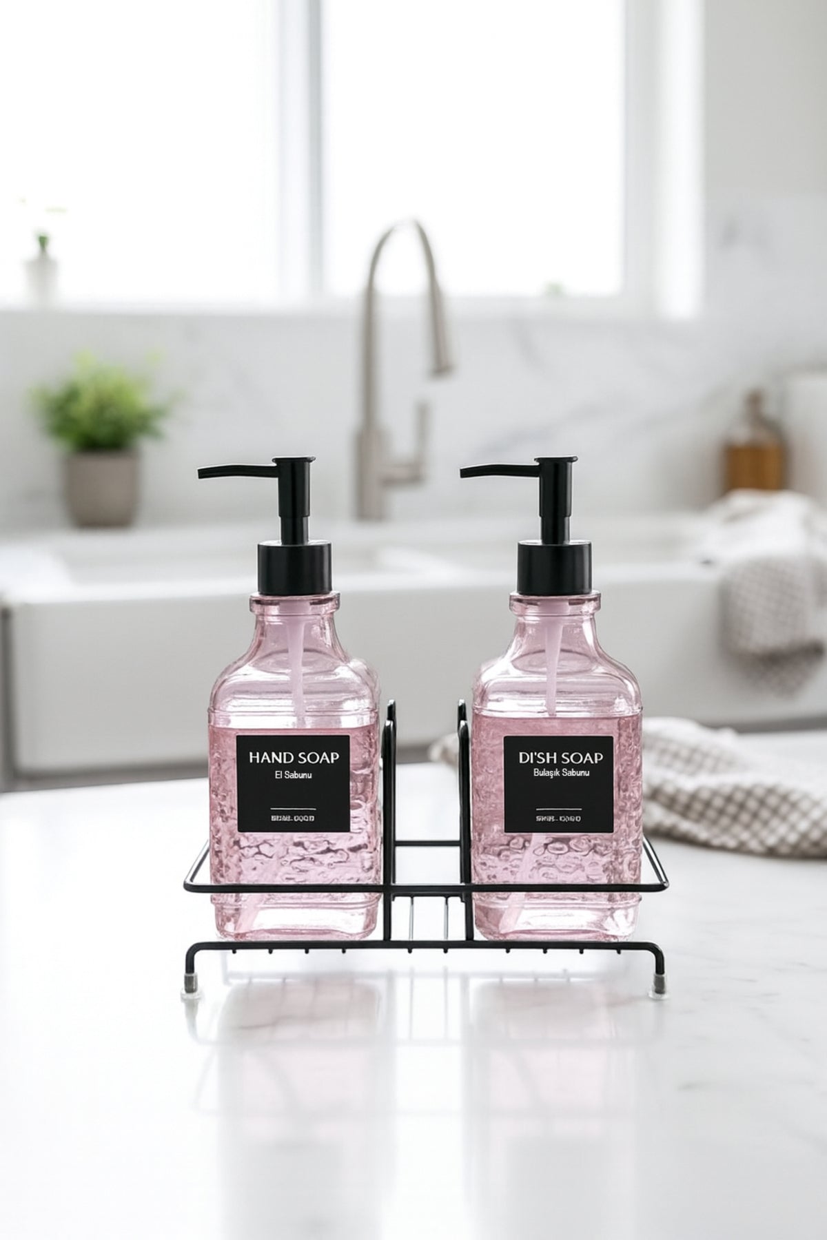 Modern Cam Ikili Sıvı Sabunluk & Deterjanlık Seti- 500 Ml Cam Sabunluk, Metal Stand'lı