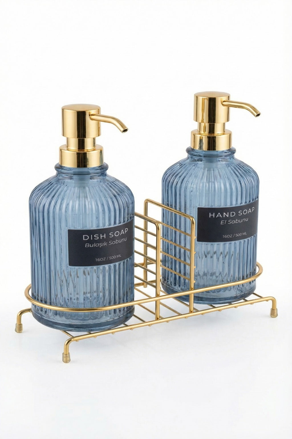 Mavi 2'li Cam Sabunluk/Deterjanlık, 500 ml, Altın Renk Metal Stantlı, 21,5x9x23 cm - görsel 7