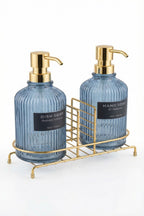 Mavi 2'li Cam Sabunluk/Deterjanlık, 500 ml, Altın Renk Metal Stantlı, 21,5x9x23 cm - görsel 7