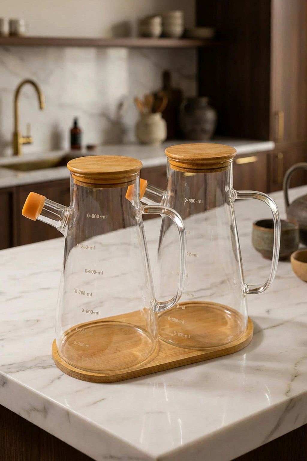 2'li 900 ml Bambu Kapaklı ve Altlıklı Borosilikat Cam Yağlık/Sirkelik/Sosluk