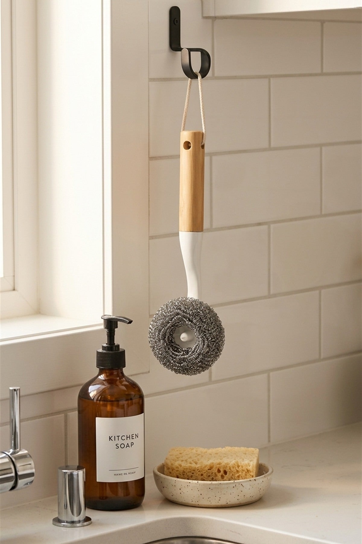 Bambu Saplı Çelik Telli Ovma Fırçası, Saplı Bulaşık Teli, 24 cm