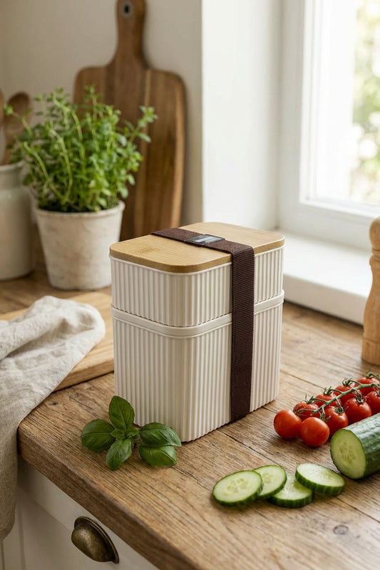 2 Parça Bambu Kapaklı Saklama Kabı Seti - 1L + 0,5L | Üst Üste Koyulabilir