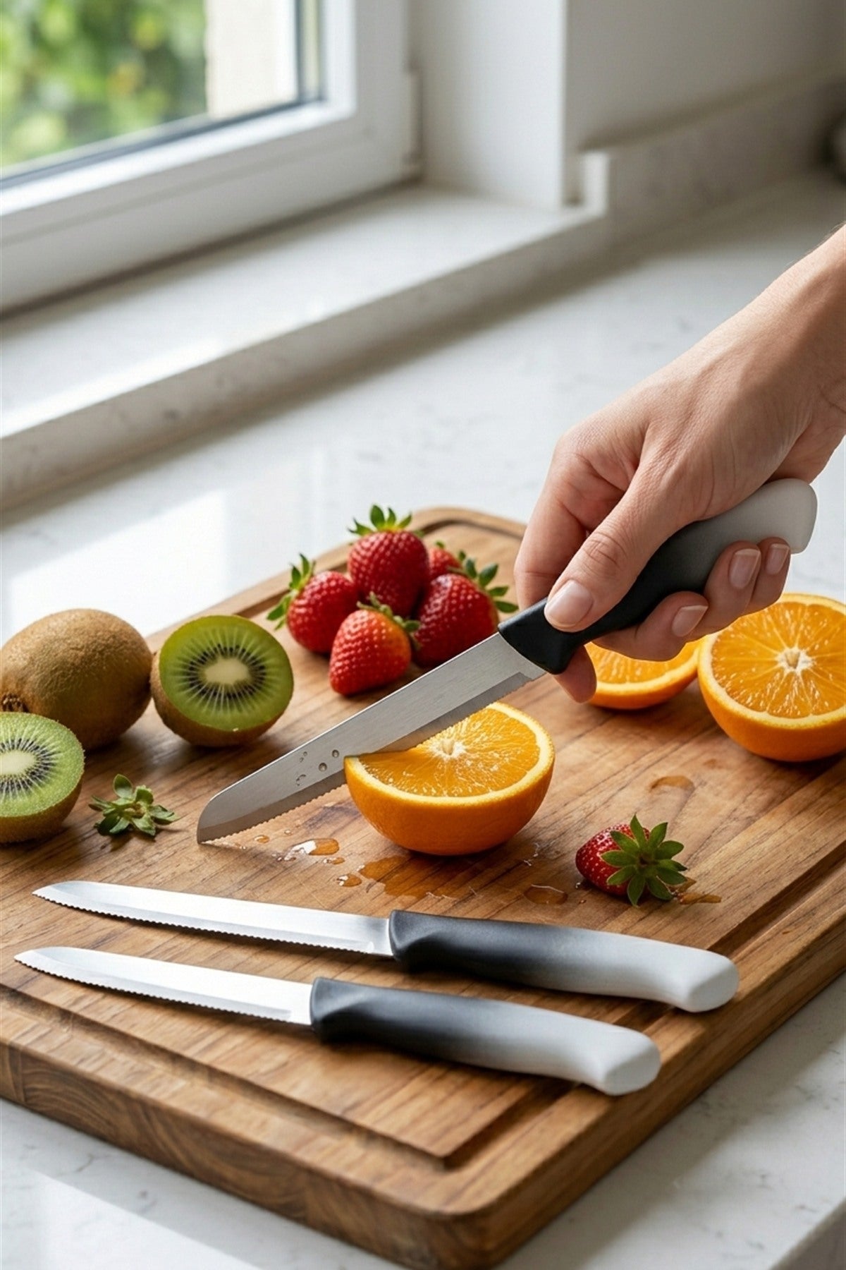 3'lü Tırtıklı Meyve ve Kahvaltı Bıçağı Seti Siyah-Beyaz Saplı 21 cm - görsel 4