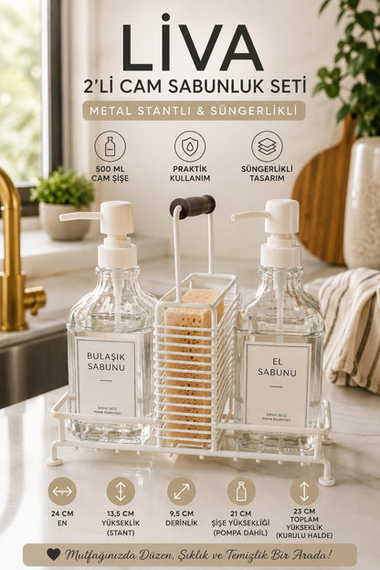 Liva 2’li Cam Sıvı Sabunluk Seti, Metal Stantlı, Süngerlikli, 2 x 500 ml, 24x9,5x23 cm. – Kulplu Beyaz