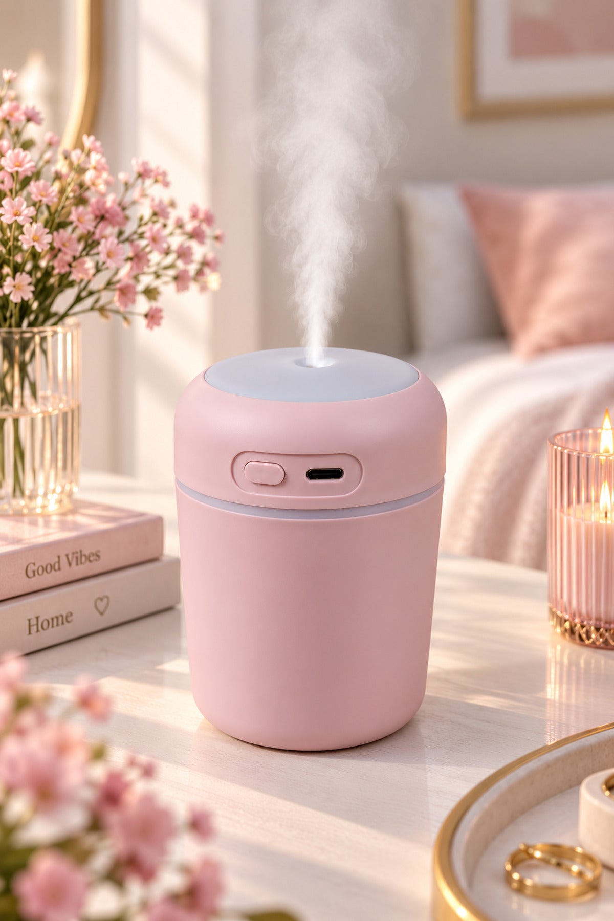 Hava Nemlendirici 300 ml, USB Şarjlı, LED Işıklı, 7,5 x 11 cm – Pembe
