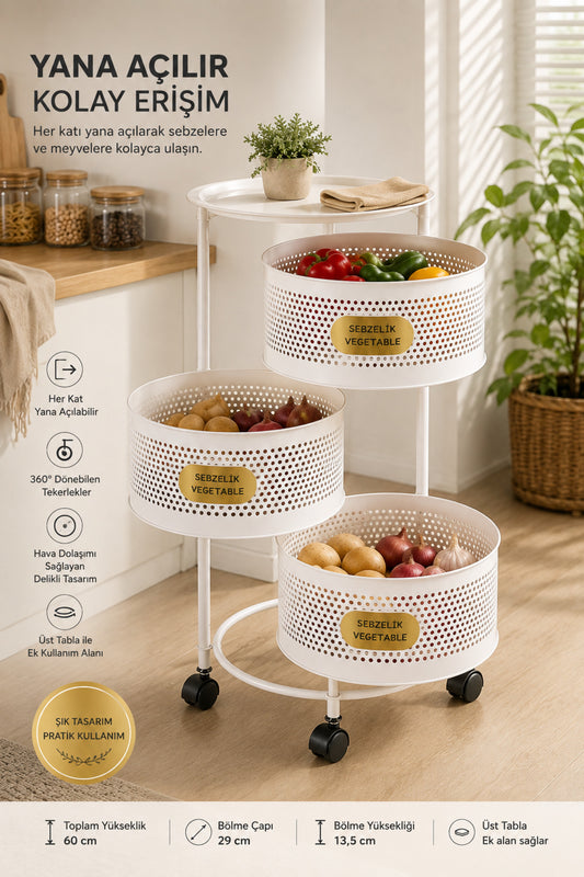 3 Katlı Tekerlekli Metal Sebzelik, Beyaz, Yana Açılır Sepetli, Üst Tablalı, 60 cm