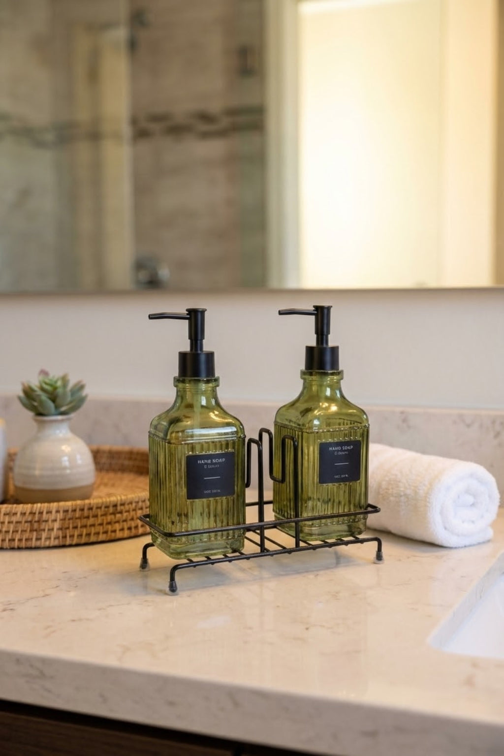 Modern Çizgili Desenli Cam Ikili Sıvı Sabunluk & Deterjanlık Seti, Yeşil- 500 Ml Cam Sabunluk