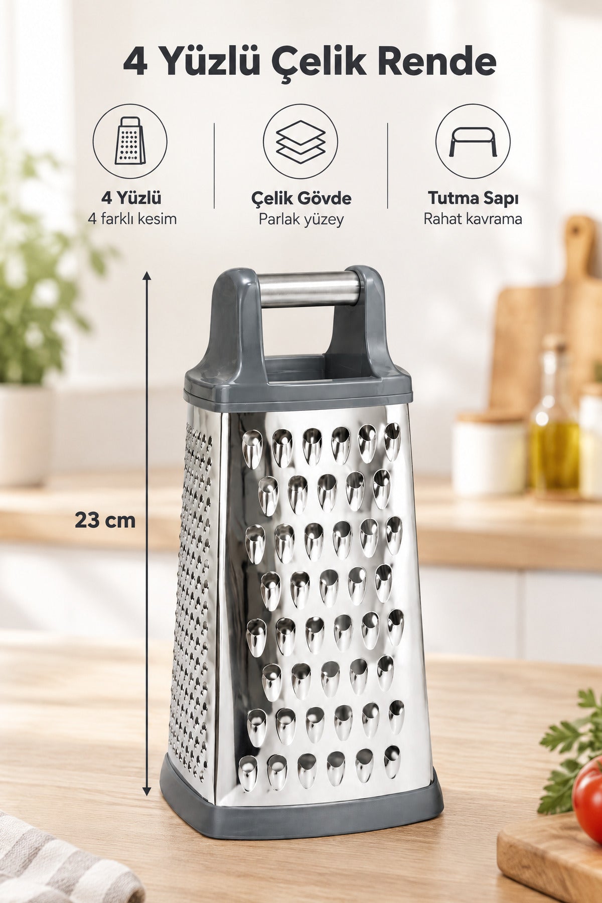 4 Yüzlü Çelik Rende, Silikon Tabanlı, Tutma Saplı, Gri, 23 cm
