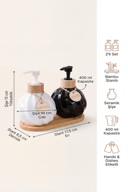 2'li Sıvı Sabunluk & Deterjanlık Seti, Bambu Stantlı, Stant 17,5x8,5 cm, Şişe 400 ml 15x10 cm
