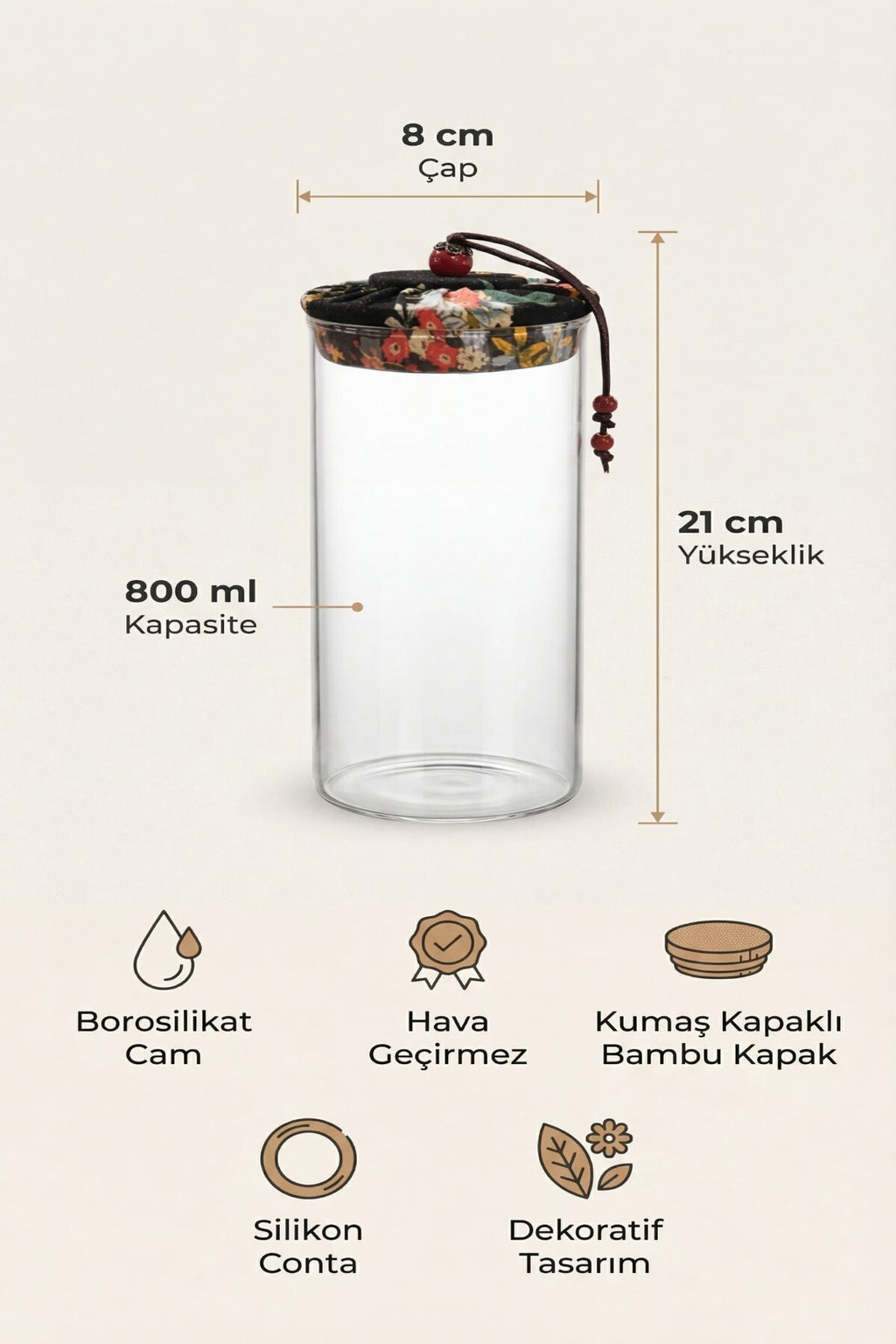 800 ml Borosilikat Cam Hava Geçirmez Kumaş Kaplama Bambu Kapaklı Kavanoz, çap: 8 cm, h: 21 cm