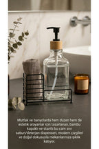 Metal Stantlı Bambu Kapaklı Cam Sıvı Sabunluk/Deterjanlık, 500 ml, 15 × 8,5 × 23 cm