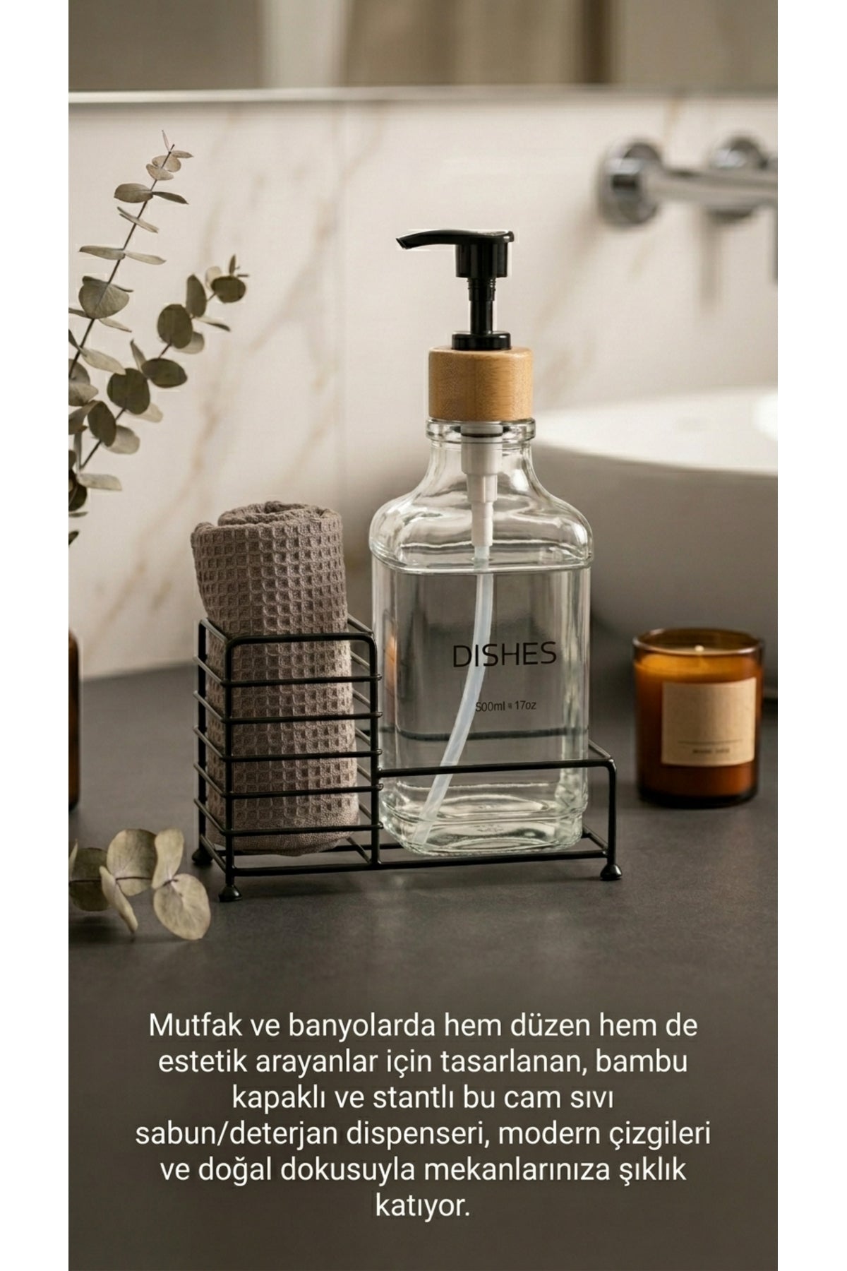 Metal Stantlı Bambu Kapaklı Cam Sıvı Sabunluk/Deterjanlık, 500 ml, 15 × 8,5 × 23 cm