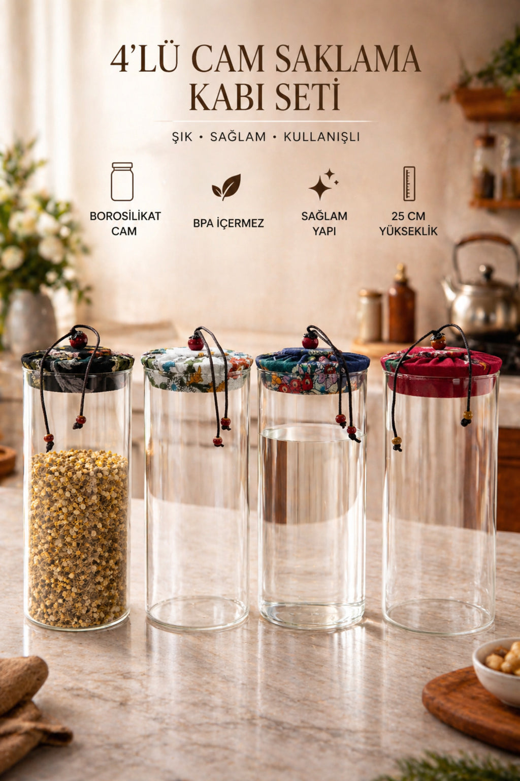 4’lü Cam Kavanoz Saklama Kabı Seti, çap:8 cm, Şık, Kullanışlı ve Dekoratif – 1000 ml