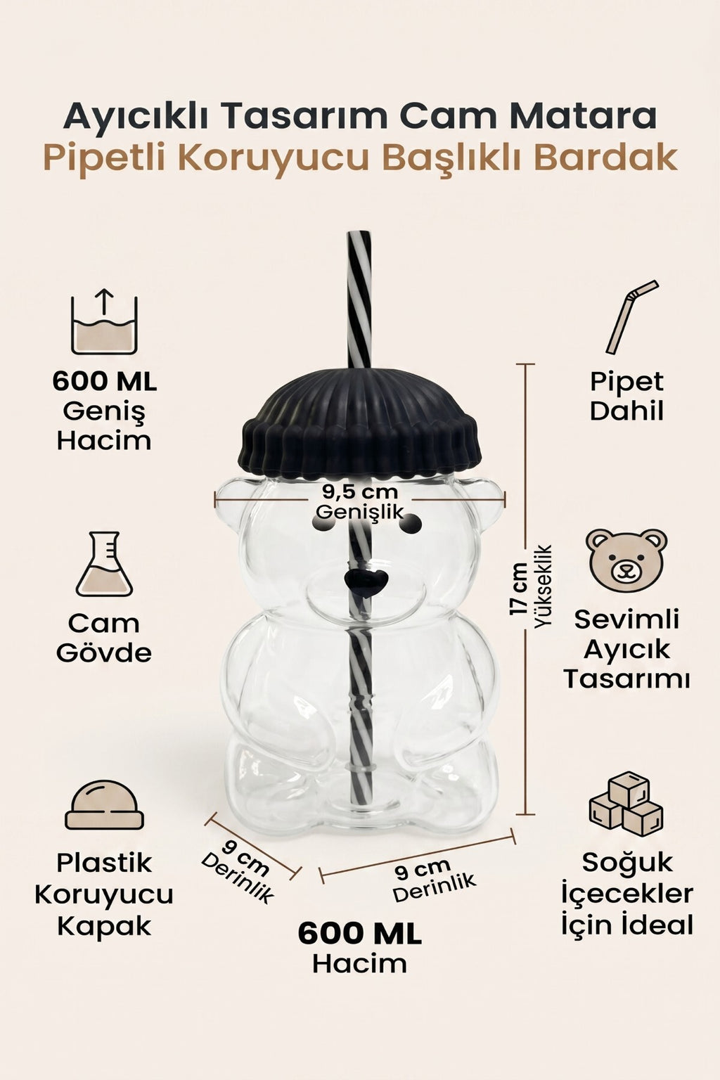 Ayıcıklı Tasarım Cam Matara Pipetli Koruyucu Başlıklı Bardak 600 ml (Yeşil, Sarı, Mavi, Siyah, Kırmızı Renk Seçenekleri) - görsel 2