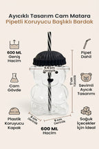 Ayıcıklı Tasarım Cam Matara Pipetli Koruyucu Başlıklı Bardak 600 ml (Yeşil, Sarı, Mavi, Siyah, Kırmızı Renk Seçenekleri) - görsel 2