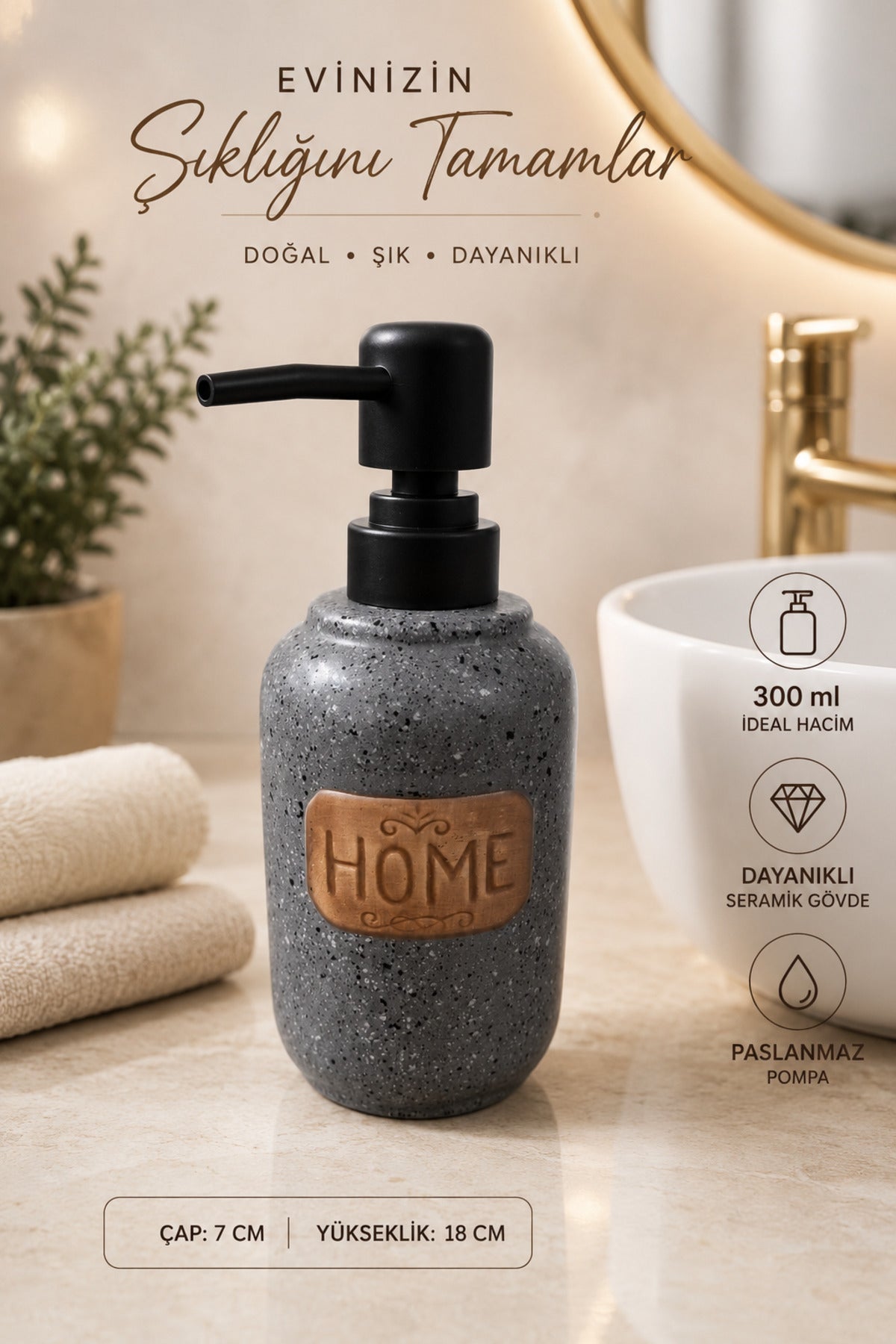 300 ml Seramik Lenora Sıvı Sabunluk, 7 cm çap, 18 cm yükseklik