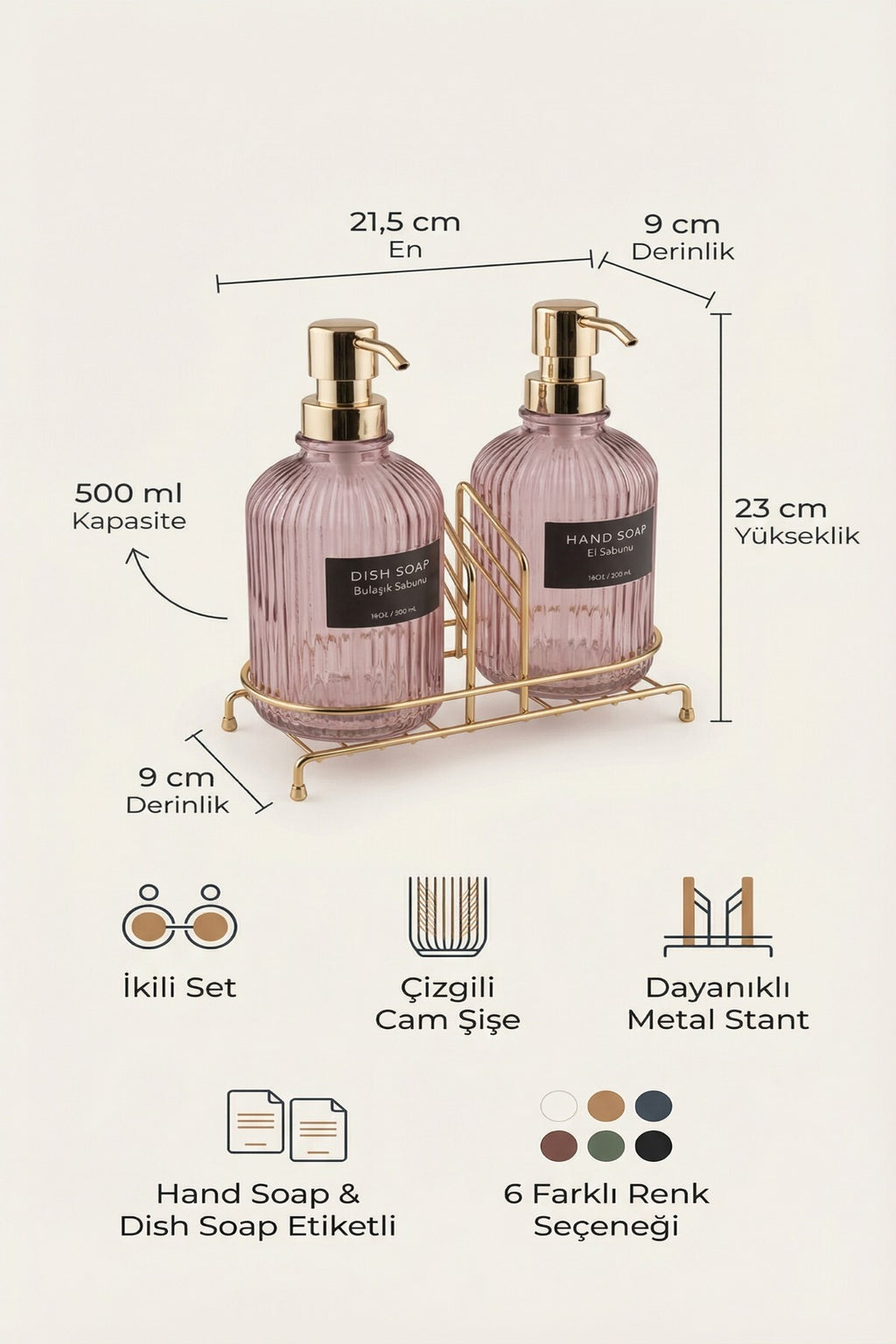 Pembe 2'li Cam Sabunluk/Deterjanlık, 500 ml, Altın Renk Metal Stantlı, 21,5x9x23 cm - görsel 2