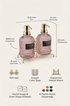 Pembe 2'li Cam Sabunluk/Deterjanlık, 500 ml, Altın Renk Metal Stantlı, 21,5x9x23 cm - görsel 2