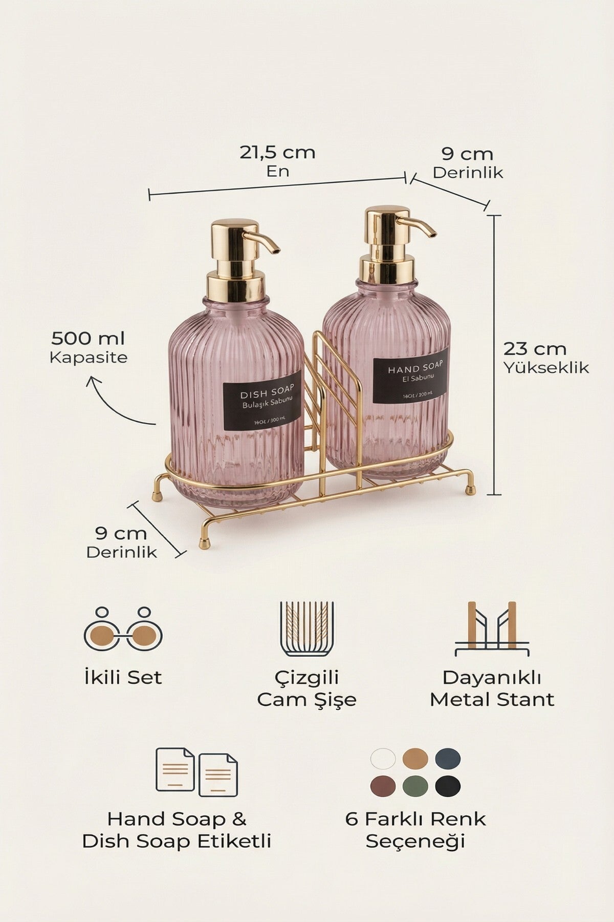 Pembe 2'li Cam Sabunluk/Deterjanlık, 500 ml, Altın Renk Metal Stantlı, 21,5x9x23 cm - görsel 2