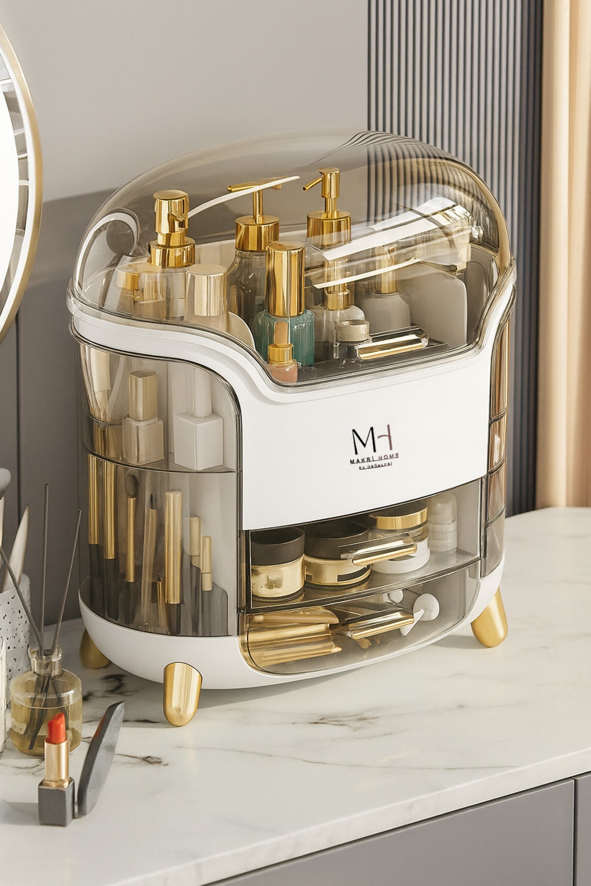 MultiBox Çok Gözlü Kırılmaz Şeffaf Kapaklı Makyaj Organizeri, Beyaz, 29 x 19 x 34 cm