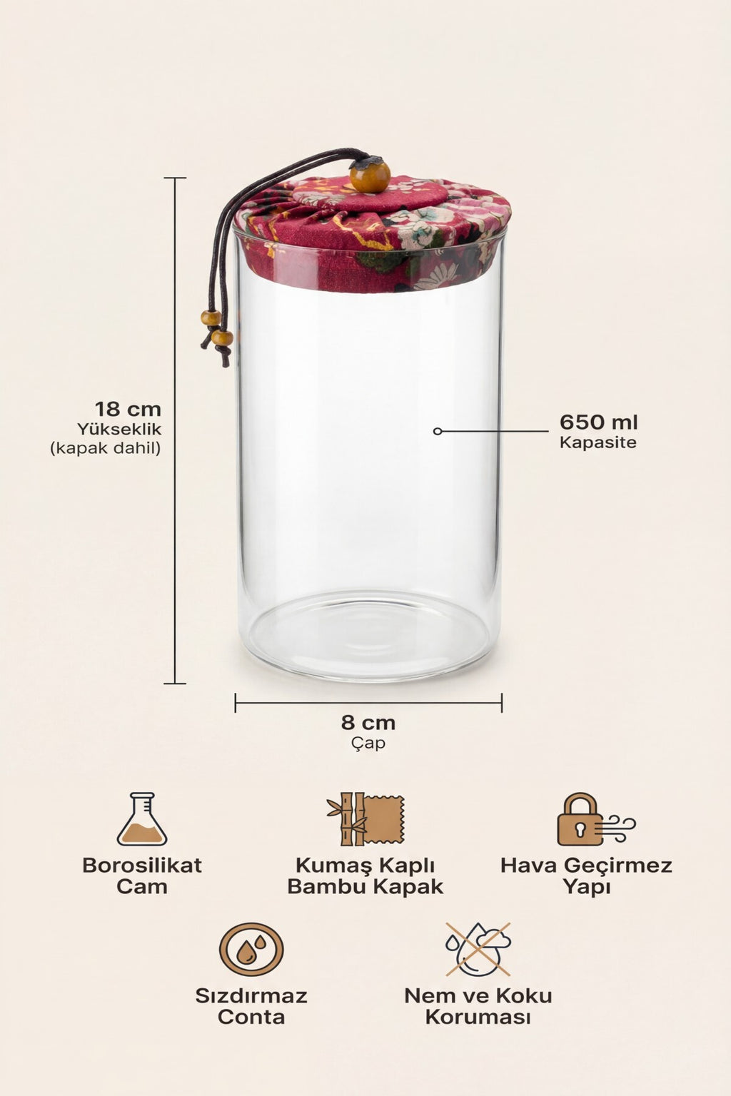 650 ml Borosilikat Cam Hava Geçirmez Kumaş Kaplama Bambu Kapaklı Kavanoz, çap: 8 cm, h: 18 cm
