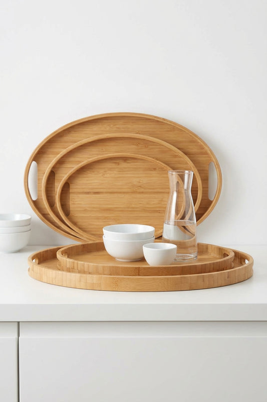 Bambu Oval 3'lü Tepsi Seti. Küçük Tepsi: 20x29 cm. Orta Tepsi: 26x36 cm. Büyük Tepsi: 31x45 cm