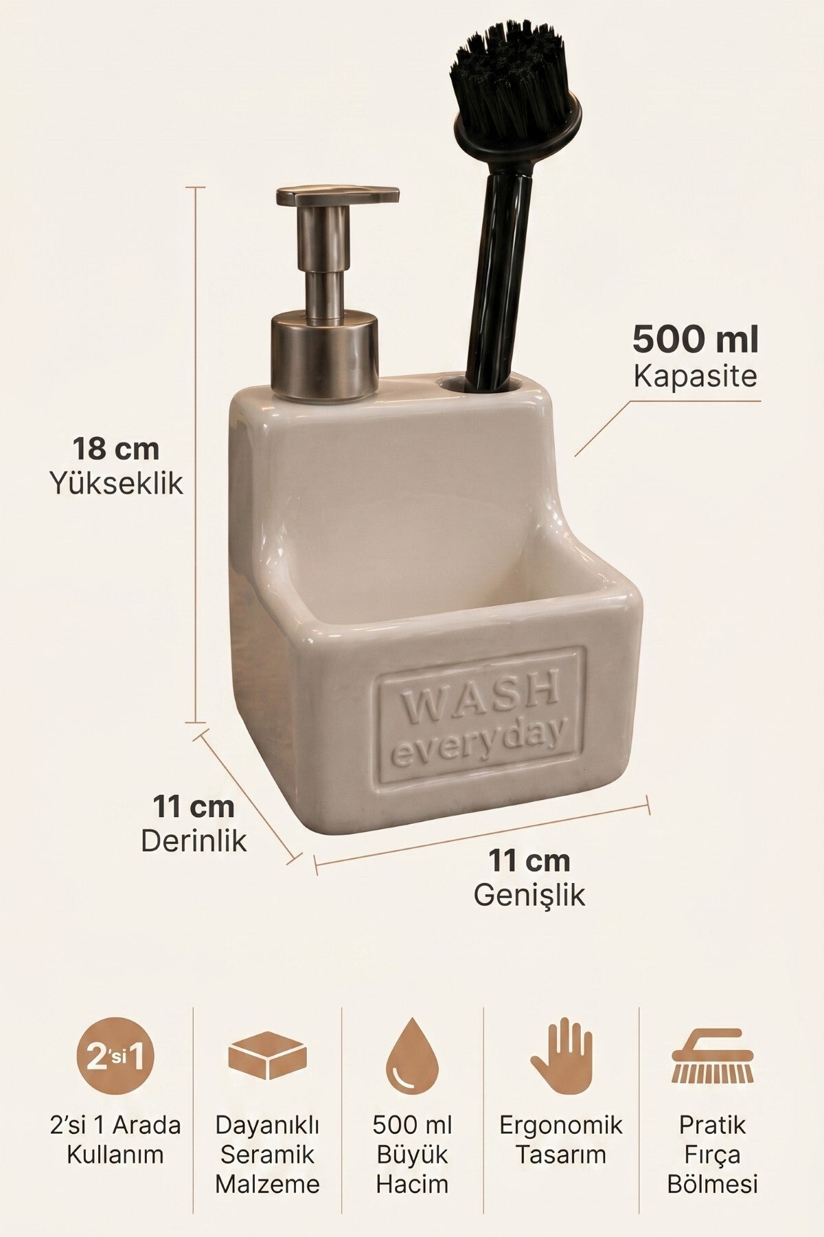 500 ml Seramik Sıvı Sabunluk Deterjanlık Fırçalık, 11x11x18 cm – Krem