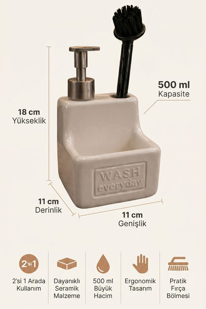 500 ml Seramik Sıvı Sabunluk Deterjanlık Fırçalık, 11x11x18 cm – Krem
