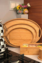 Bambu Oval 3'lü Tepsi Seti. Küçük Tepsi: 20x29 cm. Orta Tepsi: 26x36 cm. Büyük Tepsi: 31x45 cm