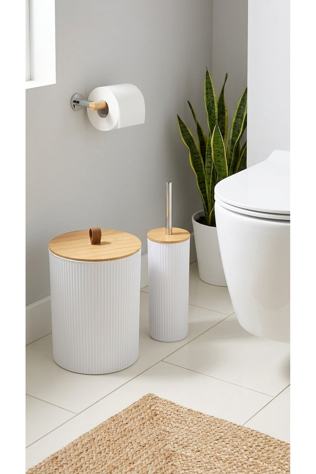 5 Parça Yuvarlak Banyo Seti, Bambu Kapaklı, Beyaz, Hacim: 7 litre