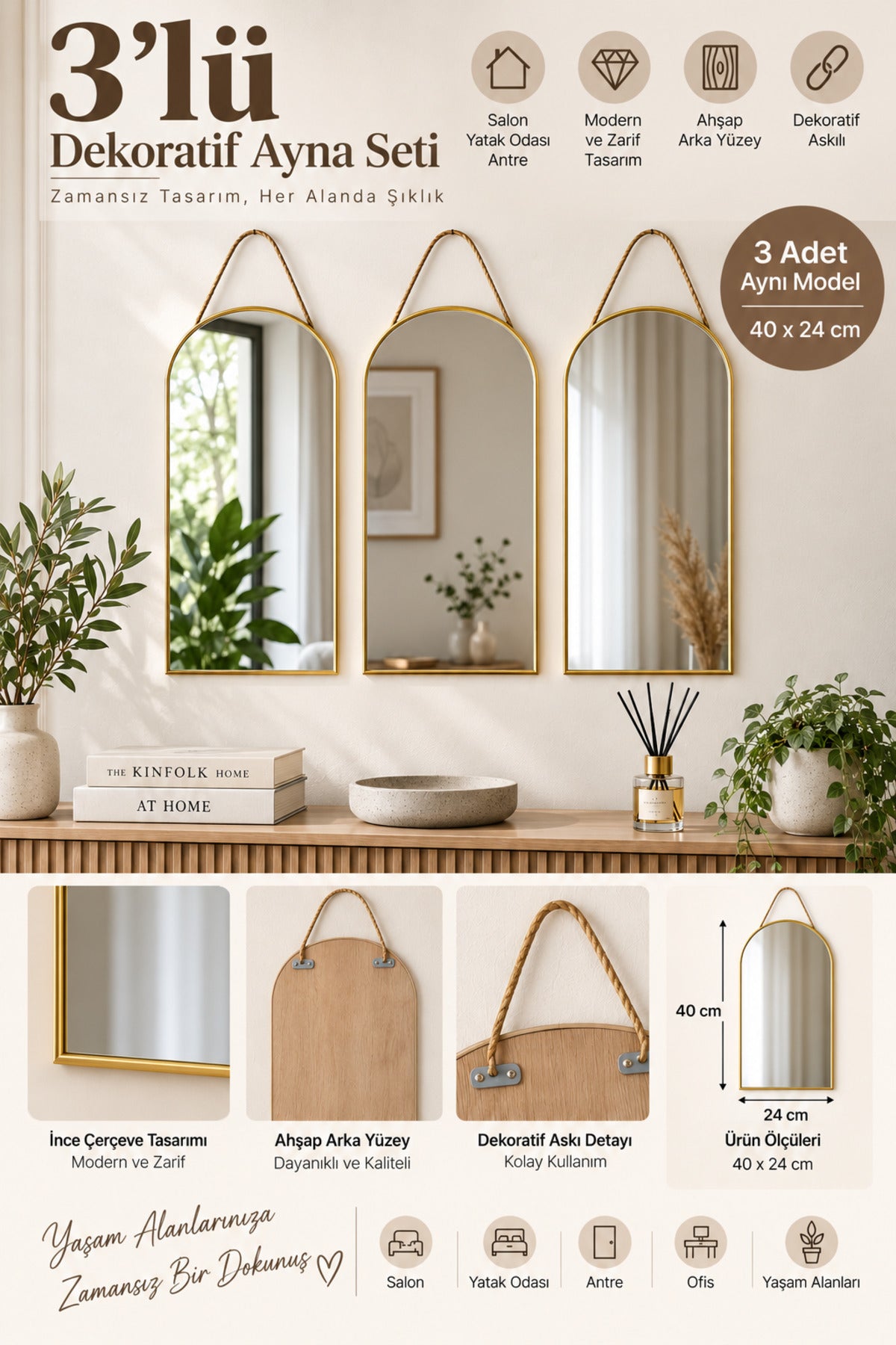 3’lü Dekoratif Duvar Aynası Seti Ahşap Arkalı Askılı