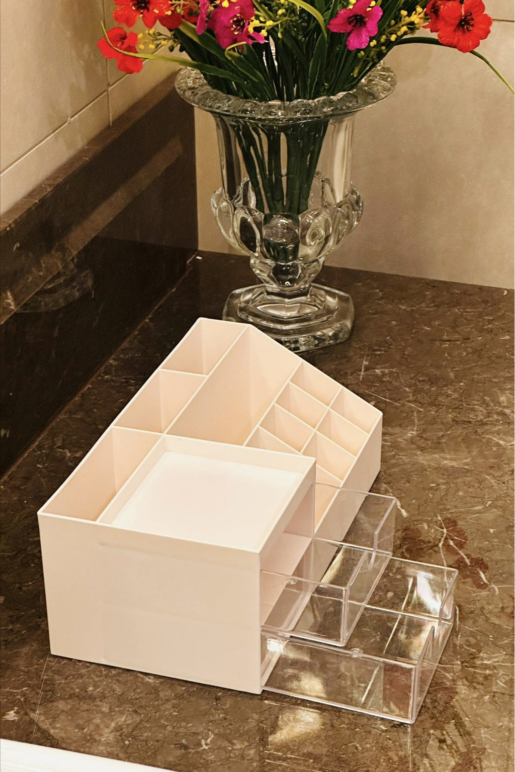 Şeffaf İki Çekmeceli Krem Organizer, Şık Düzenleyici, Yükseklik 9 cm x En 24,5 cm x Derinlik 12 cm