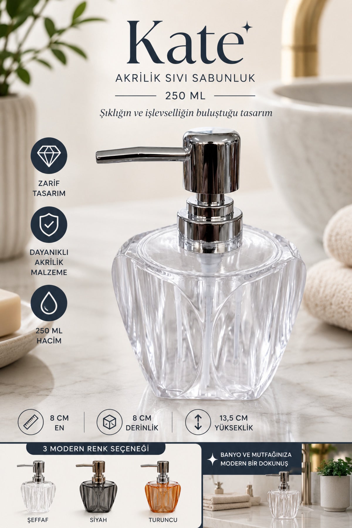 Kate Akrilik Sıvı Sabunluk 250 ml, 8x8x13,5 cm – Şeffaf