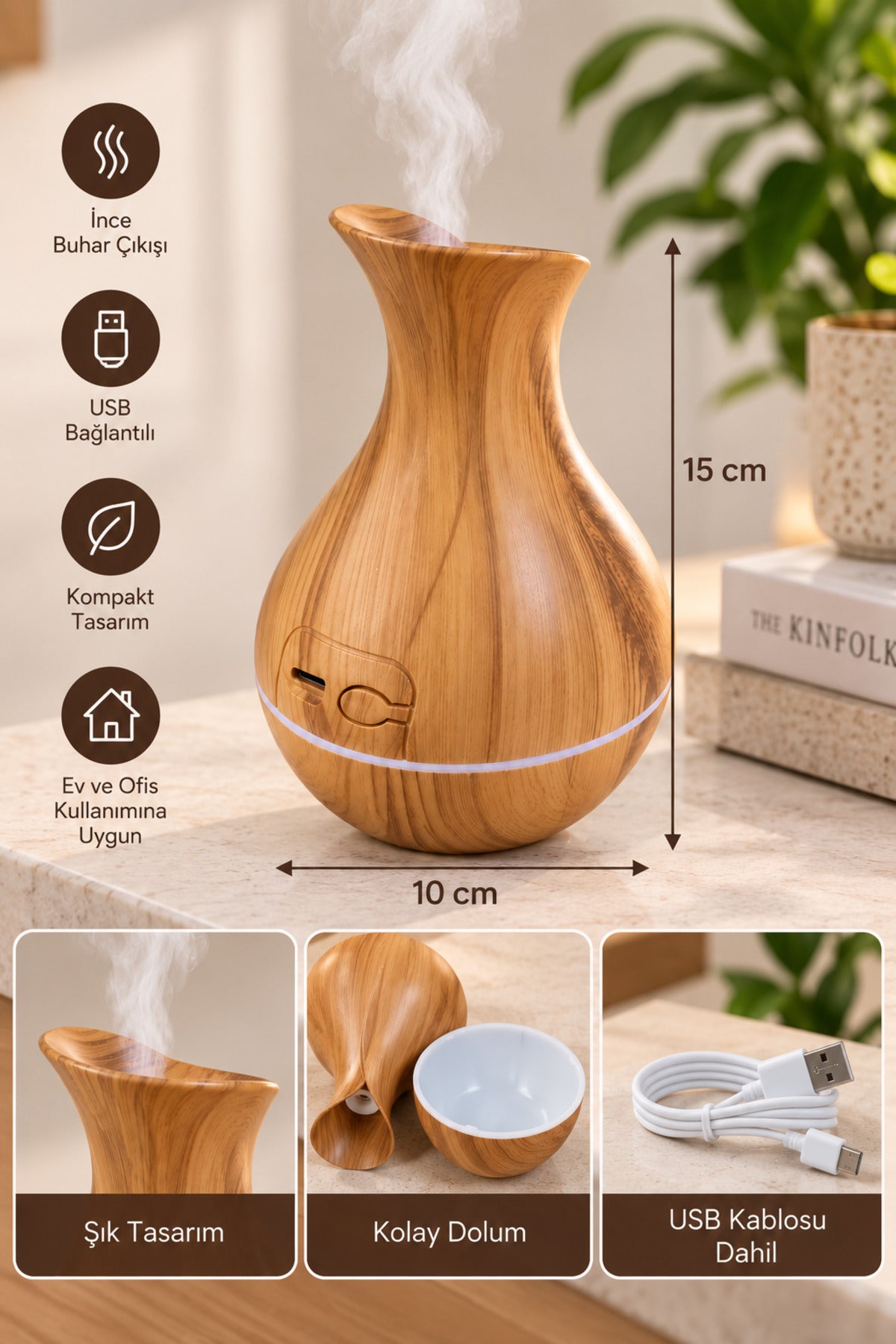 Ahşap Görünümlü Aroma Difüzörü ve Hava Nemlendirici USB 15x10 cm
