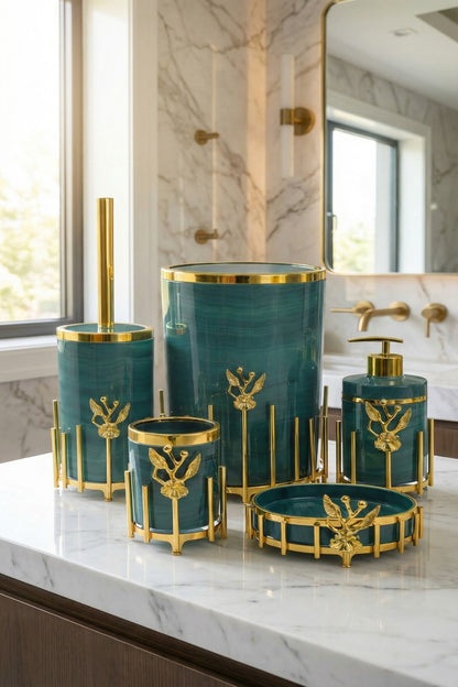 Gold Kaplama Metal Stantlı 5 Parça Mermer Desenli ve Düz Renk Seçenekli Banyo Aksesuar Takımı – Yeşil Mermer Desen