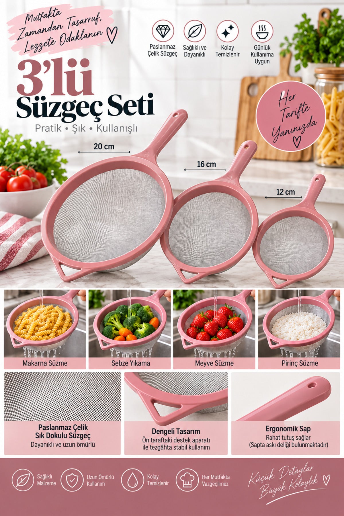 3’lü Paslanmaz Çelik Tel Süzgeç Seti 12-16-20 cm Pembe Mutfak Süzgeci