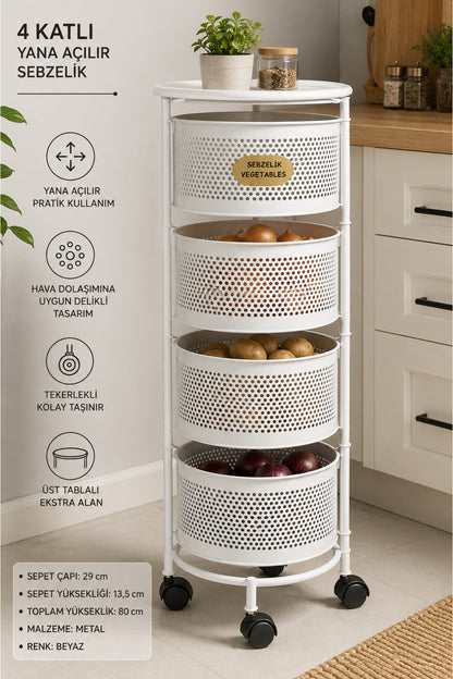 4 Katlı Yana Açılır Metal Sebzelik, Beyaz, Tekerlekli, Üst Tablalı, 80 cm
