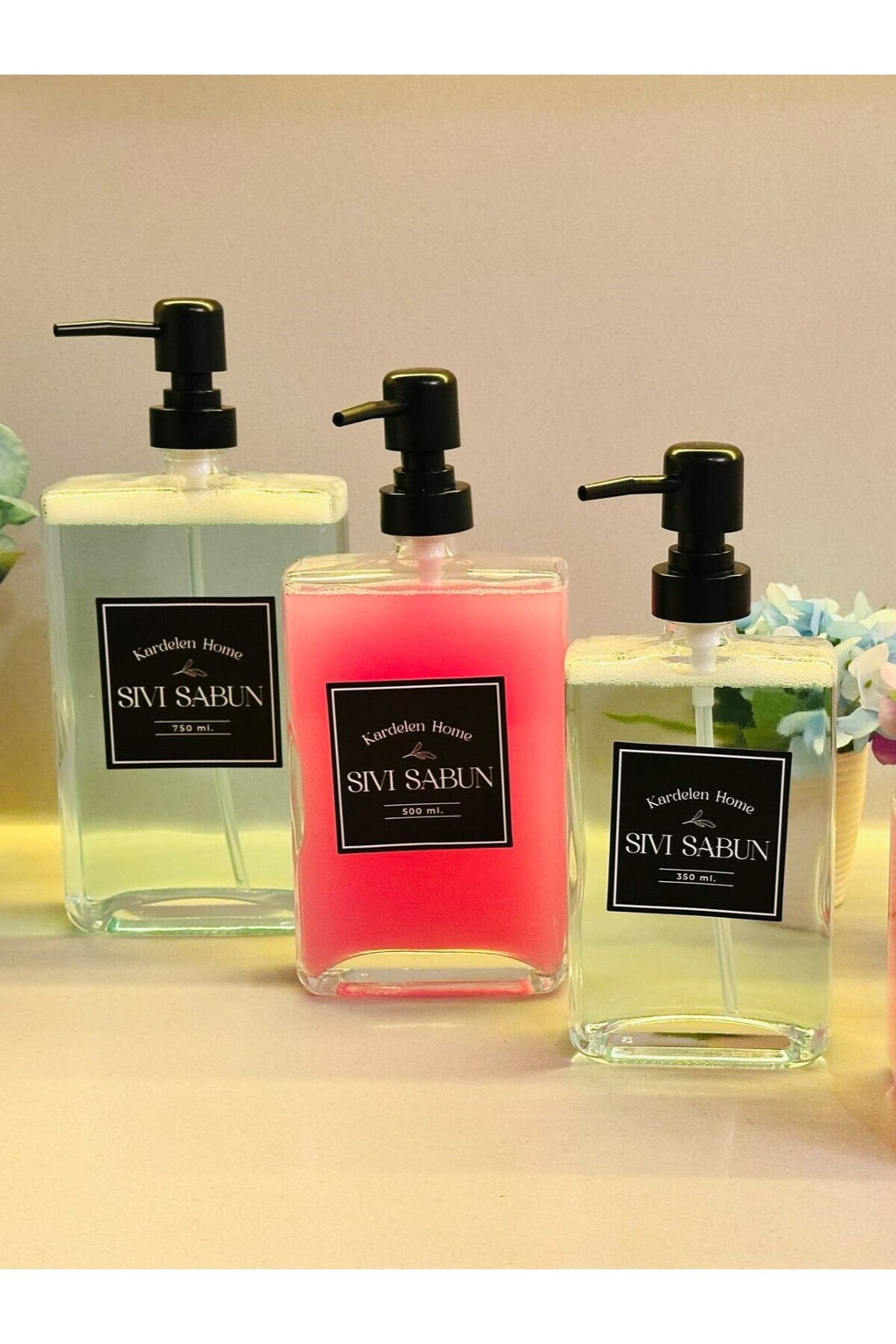 350 ml+500 ml+750 ml Üçlü Modern Ve Şık Tasarım Cam Sıvı Sabunluk Seti