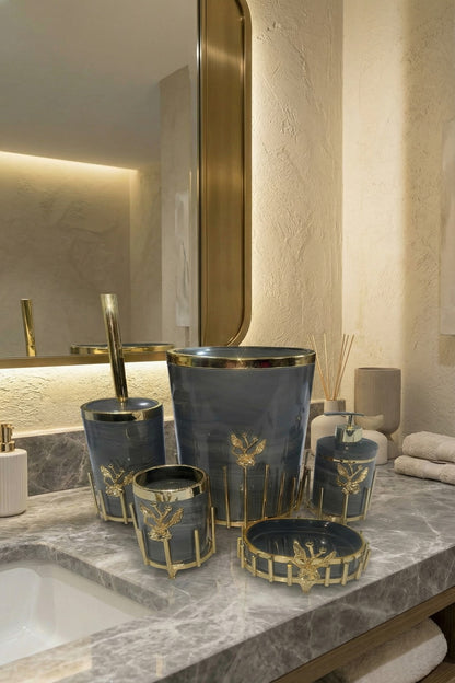 Gold Kaplama Metal Stantlı 5 Parça Mermer Desenli ve Düz Renk Seçenekli Banyo Aksesuar Takımı