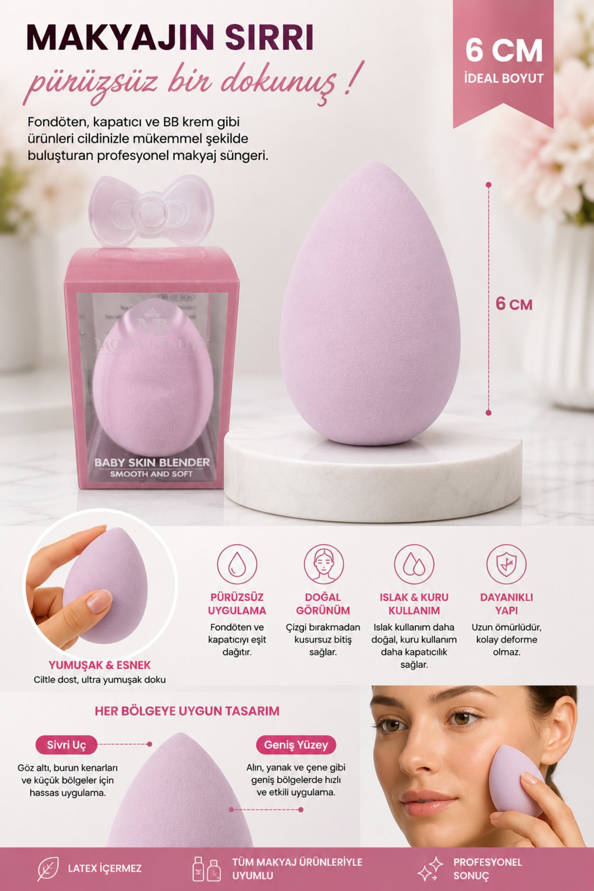 Makyaj Süngeri Pembe Beauty Blender Fondöten ve Kapatıcı Uygulama Süngeri, 6 cm - görsel 2