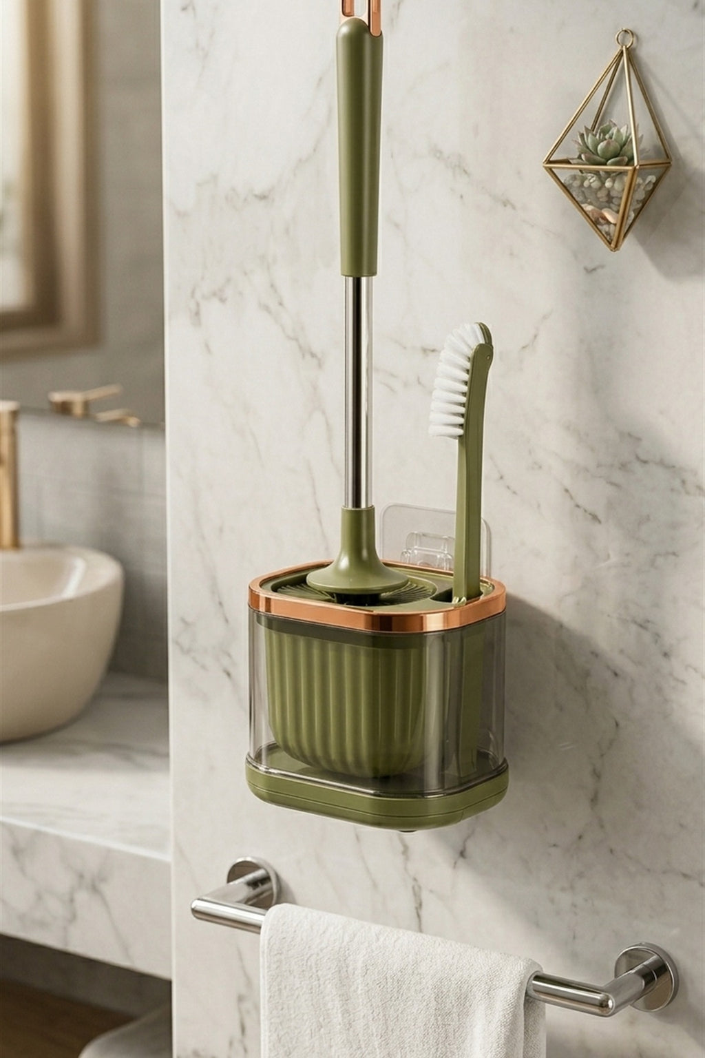 WC Fırçası ve Temizlik Fırçası Seti, Yeşil, Duvara Monte Edilebilir, 45 cm