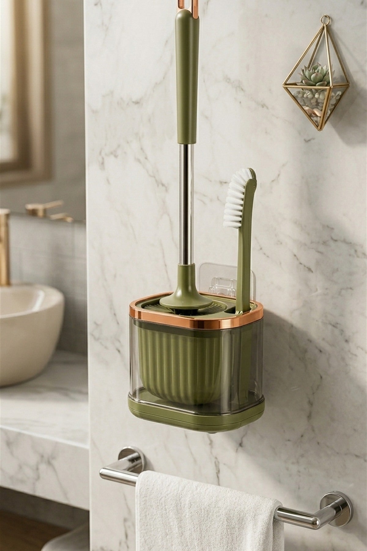 WC Fırçası ve Temizlik Fırçası Seti, Yeşil, Duvara Monte Edilebilir, 45 cm