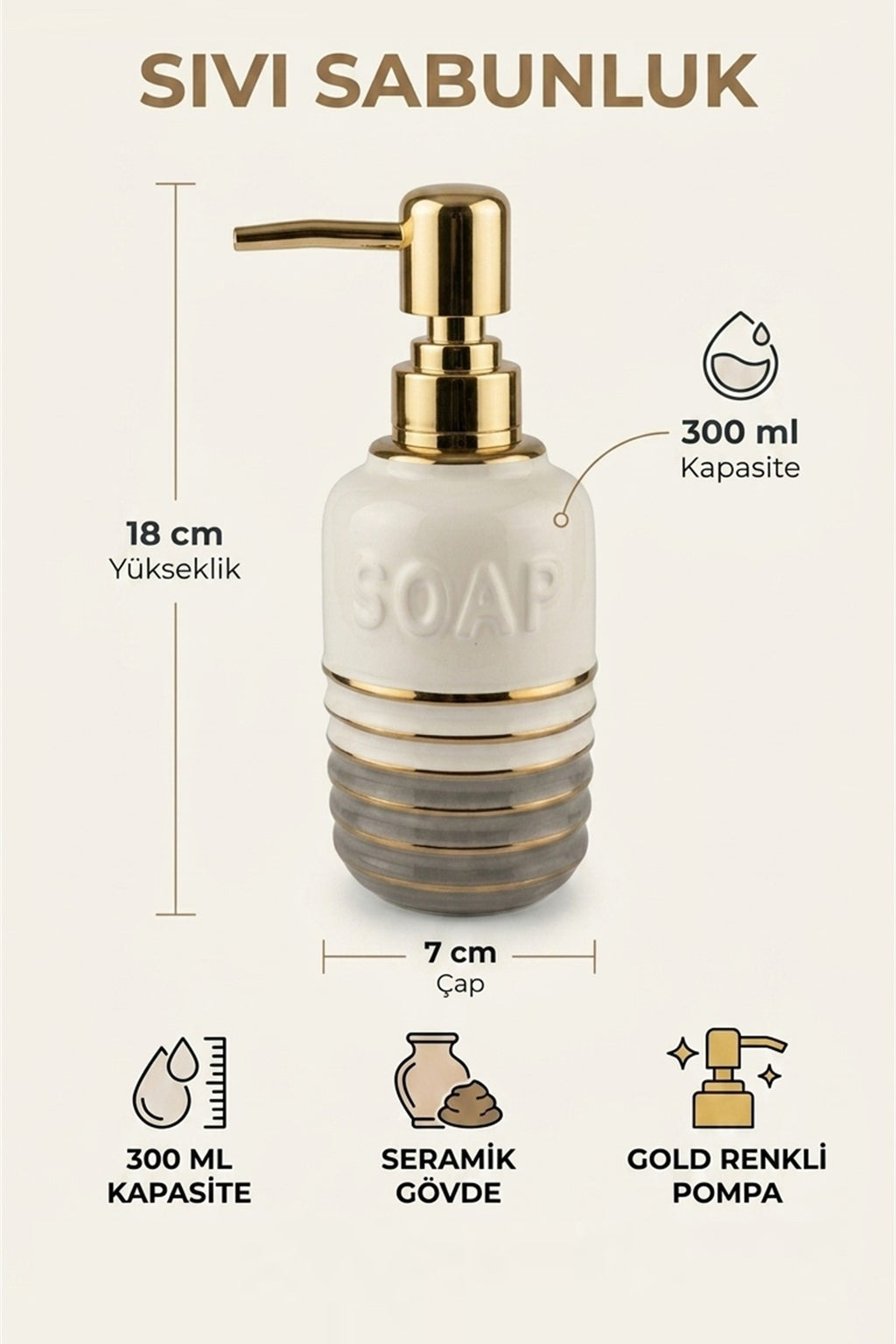 Seramik Sıvı Sabunluk, 300 ml, 7x18 cm - görsel 2