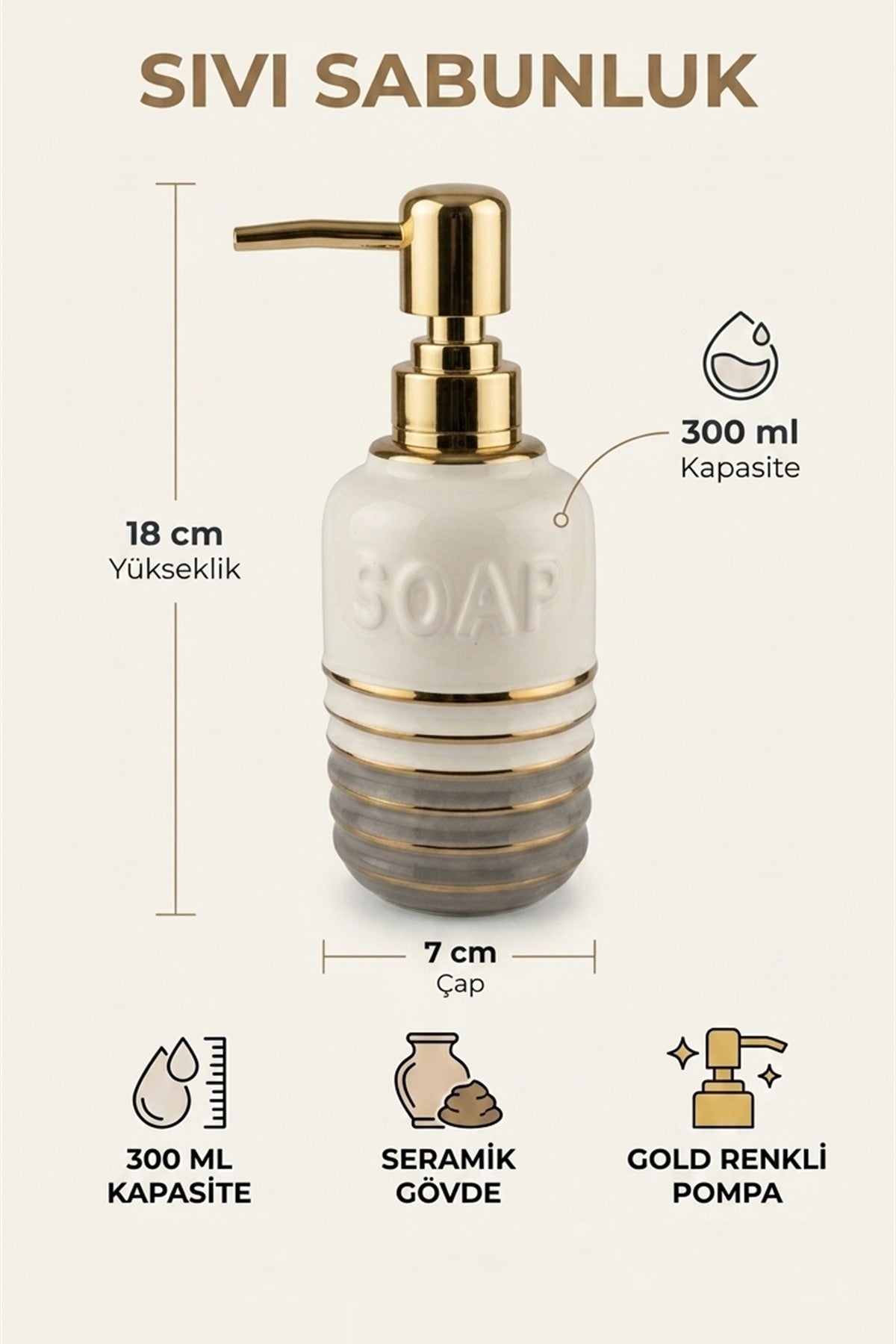 Seramik Sıvı Sabunluk, 300 ml, 7x18 cm - görsel 2