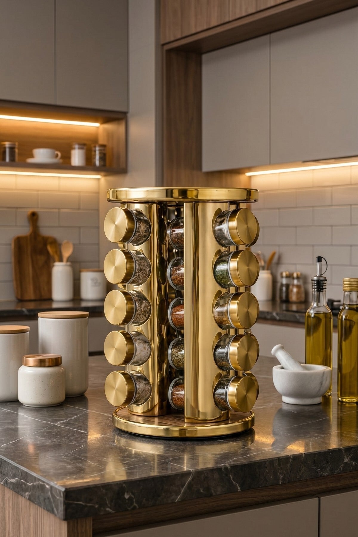 20’li Ahşap Desenli Gold Yuvarlak 360° Döner Standlı Baharatlık Cam Kavanoz Seti 118 ml