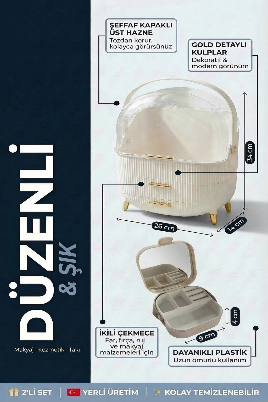 Kapaklı Şeffaf Çok Bölmeli Makyaj & Kozmetik Organizeri Kırık Beyaz ve İkili Çekmeceli Organizer