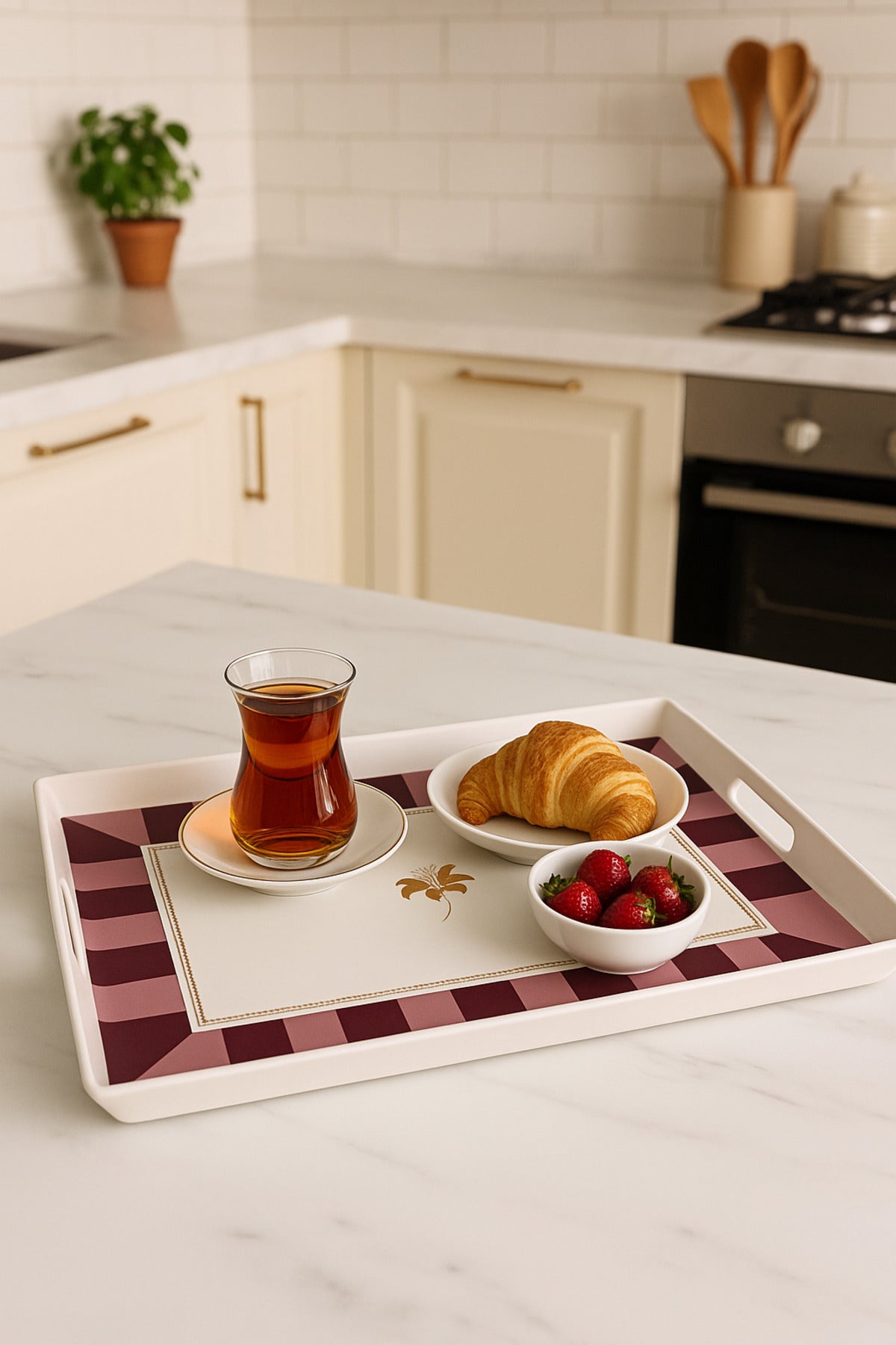 Çizgili Desenli Servis Tepsisi 38x28x3,5 cm – Bordo